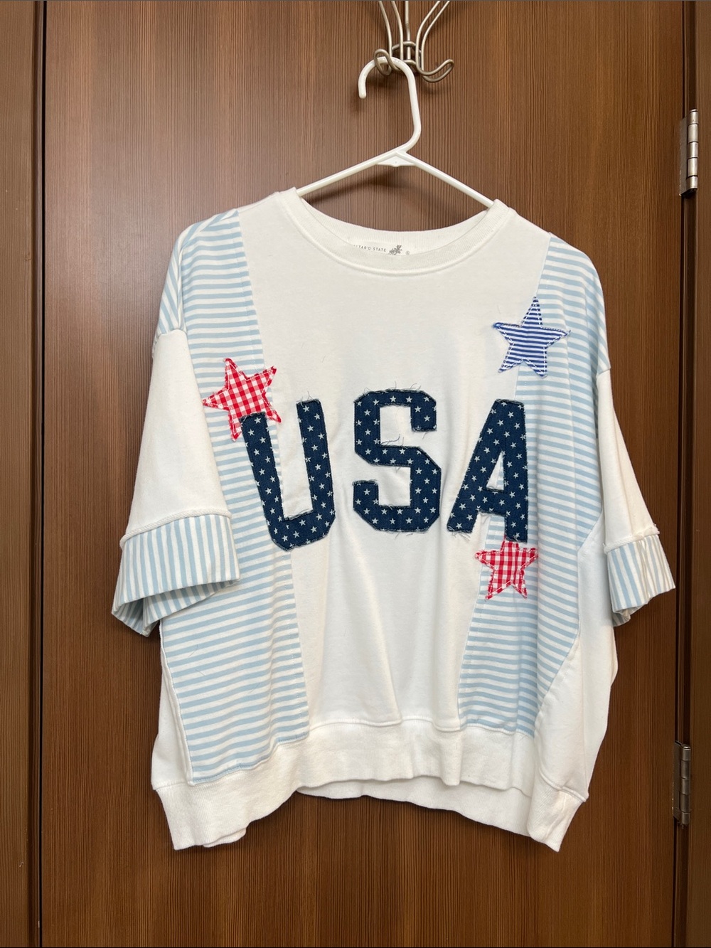 Womens USA Star Patch Short Sleeve Top - White & Light Blue